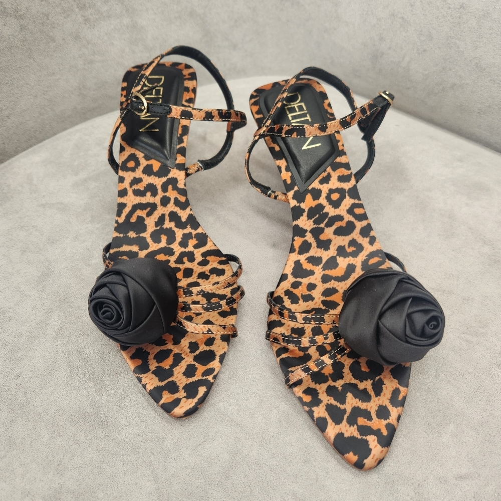 Deltan Dressy Sandals 10 Brown Satin Amayah Leopard Print Black Rosette New $110 - Picture 2 of 15